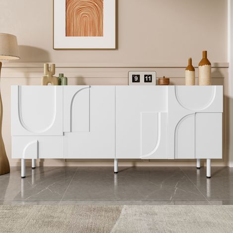 Buffet 160 cm blanc design géométrique, meuble de rangement moderne avec portes à formes irrégulières, pieds métal et grande capacité pour salon, salle à manger (1/5)