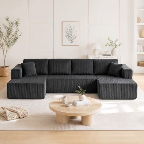 U-Sofa 332x156 cm in Grau aus Cord, ohne Montage, mit 4 großen und 2 kleinen Kissen (1/5)