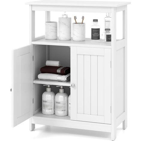 Mobiletto da bagno, organizer indipendente con 2 ante, scomparto e ripiano regolabile, bianco (1/5)