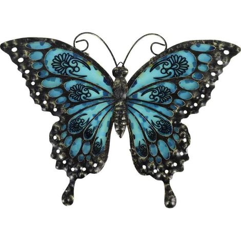 Lot de 2 décorations murales papillon en métal, sculptures murales d'extérieur en verre, décorations de jardin suspendues de 30 cm, ornements décoratifs pour intérieur et extérieur, pour terrasse, clô (1/5)