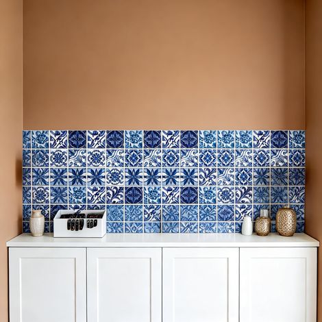 36 Autocollant Mural Amovible en Relief Bleu pour Carrelage de Cuisine Salle de Bain Toilettes Salon 4x4pouces (1/5)