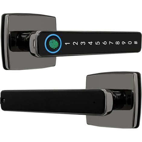 Serrure de porte intelligente à empreintes digitales avec poignée 4 en 1, entrée sans clé, application Tuya, boutons de codes d'accès pour chambre avant, appartement, hôtel, noir (1/5)