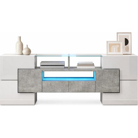 Meuble TV LED blanc brillant 145 cm avec 6 portes, 2 tiroirs et 3 niches, finition verre effet béton pour salon moderne et rangé - CHICFURN (1/5)