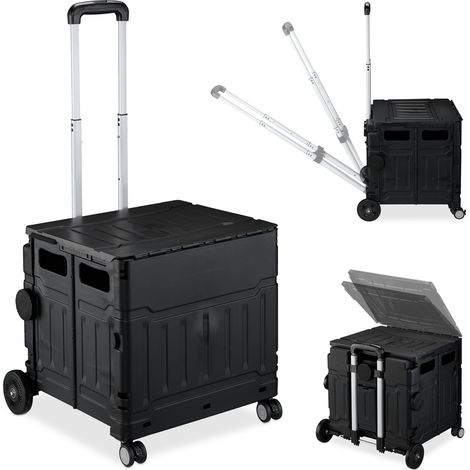 Chariot de courses pliable avec couvercle 91 x 47,5 x 43 cm grande capacité de charge pratique en plastique noir (1/2)
