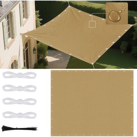 (Jaune sable, 2x3m) Voile d'ombrage imperméable avec œillets, adaptée aux jardins et terrasses extérieures. (1/5)