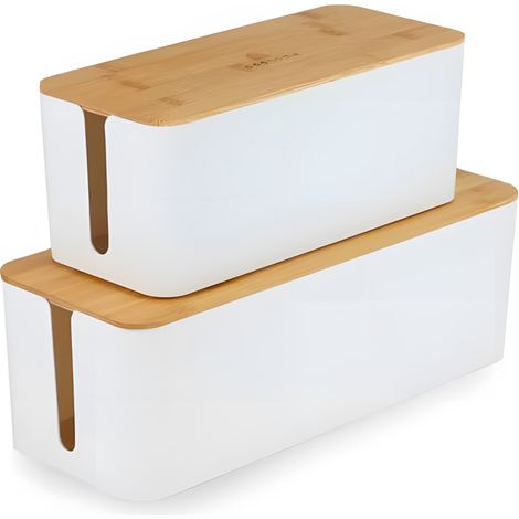2er Kabelbox Set Weiß & Bambus Boxen in 40,5x15,5cm & 32x13,5cm