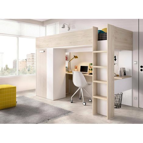 Dmora - Composición del dormitorio Maha, Dormitorio completo, Dormitorio infantil, Conjunto de muebles de puente, 206x111 h178 cm, Blanco y Roble (1/5)