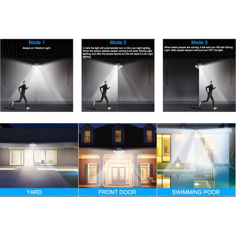 Lampe solaire extérieure à détecteur de mouvement 268 LED, 4 têtes réglables, 3 modes d'éclairage, étanche IP65. Idéale pour garage, cour, terrasse, jardin, allée et porche. (1/2)