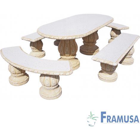 CONJUNTO COMEDOR PIEDRA OVALADO JARDIN HIGUERA PULIDO OCRE