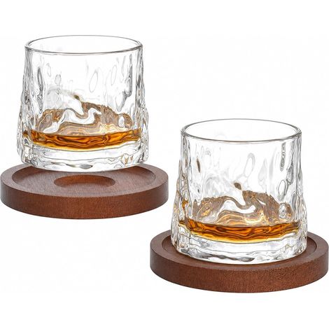 Verres à Whisky Rotatifs 180 ml Lot de 2 avec Socles, Verre à Whisky Rotatif en Verre Haute Transparence, Motif Martelé, pour Whisky, Rhum, Bourbon, Cognac, Cadeau Homme (1/5)