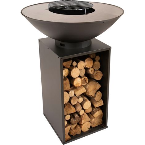 Braséro Onyx Noir 80 – Cuve h23 x diam80cm – Base 115 x 51 x h74cm – Housse protection – Grille surélevée en acier – Redfire (1/5)
