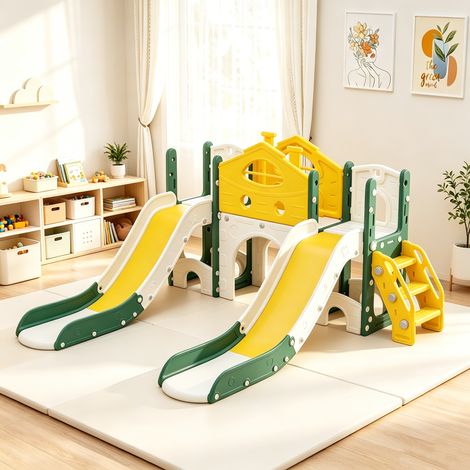 Aire de jeux pour enfants 7 en 1, avec toboggan double, passerelle, escaliers, portique d'escalade, télescope, intérieur/extérieur pour enfants (1/5)