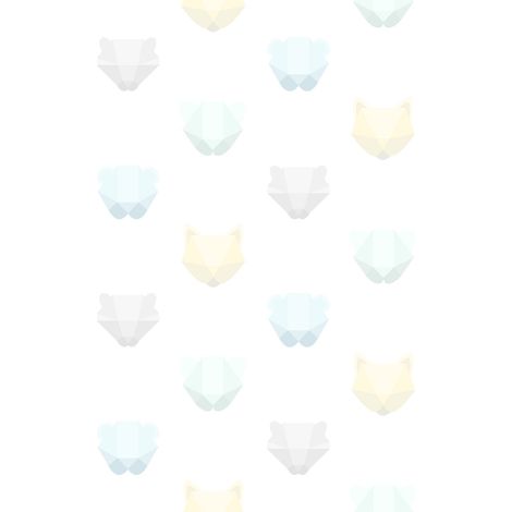papier peint panoramique têtes d'animaux origami vert menthe pastel, bleu pastel, jaune pastel, gris chaud clair et blanc mat - Origin Wallcoverings (1/5)