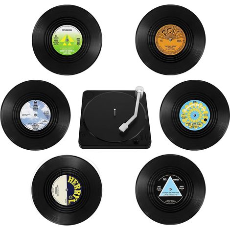 EASYCOMFORT Lot de 6 Dessous Verre Vinyle, CD sous-Verres Rétro pour Boissons, Dessous de Verre Vinyle avec Support, sous-Verres Anti-Dérapants pour Bouteille de Verre à Vin, 10.5 x 10.5 x 0.2 cm (1/5)
