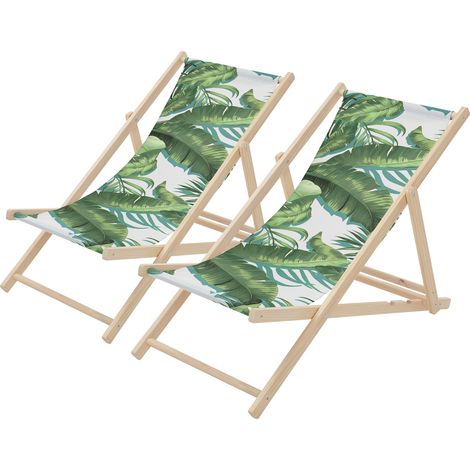 ECD Germany 2x Sedia a Sdraio Pieghevole in Legno con Tessuto Traspirante Verde-Bianco Tropicale, Schienale Reclinabile in 3 Posizioni Lettino Relax con Portata 120 kg per Spiaggia Giardino e Terrazzo