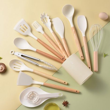 Juego de 14 utensilios de cocina de silicona con soporte, Resistente al calor con mango de madera, Espátula, Fácil de limpiar, Color caqui (1/5)