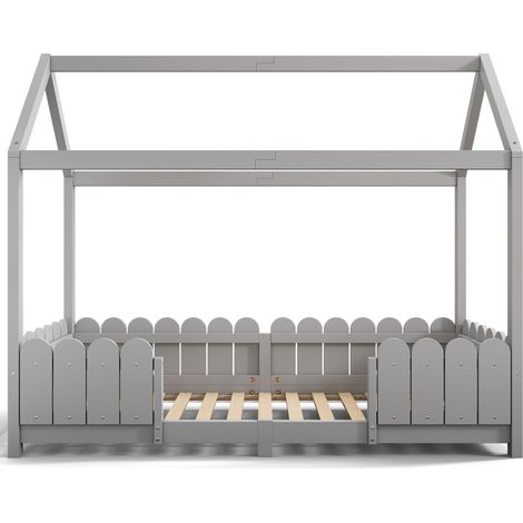 Lit cabane enfant 90 x 200 cm gris avec barrière de sécurité et sommier à lattes (1/5)