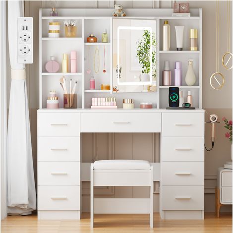 Coiffeuse avec Tabouret et Miroir de Porte, 2 Port USB et 2 Prise, 8 Tiroirs de Rangement, Blanc, 110×40×145cm