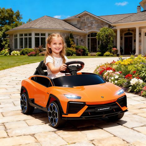 Lamborghini Elektroauto für Kinder von 3–8 Jahren mit Flügeltüren, 12-V-Elektroauto mit 2 Motoren, Federung, Fernbedienung, MP3-Player, Musik, Rädern und Lenker, Orange