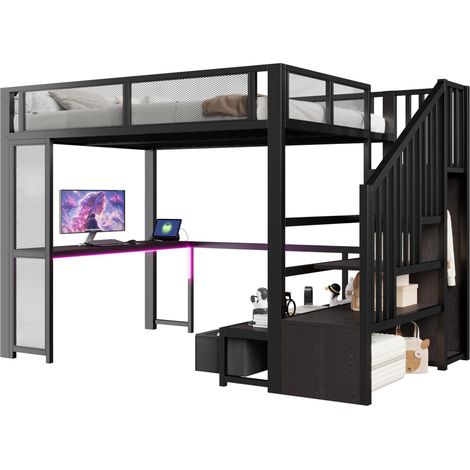 Lit mezzanine 140x200 cm en métal avec bureau, USB, LED, escalier-rangement, penderie ouverte et 3 tiroirs noir (1/5)