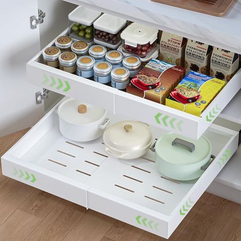 2PCS Tiroir Télescopique, Tiroir Coulissant Cuisine, 32-52cm Tiroirs Coulissants à Largeur Réglable, Organiseur de Placard Extensible avec Système de Rails, Étagères coulissantes pour l'organisation (1/5)