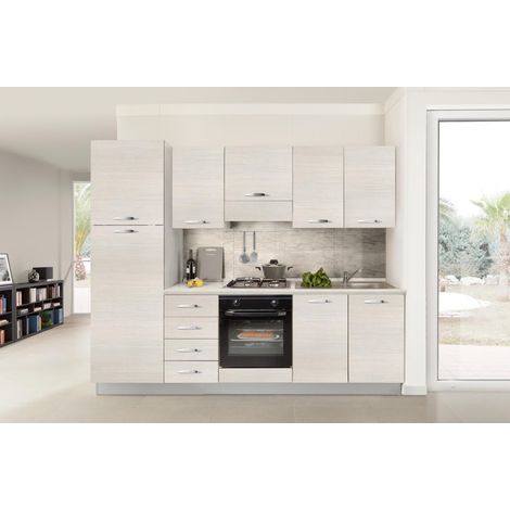 Germanvox Cucina Moderna Completa, 255 cm Rovere Bianco Elettrodomestici Inclusi (FRIGO A SINISTRA)