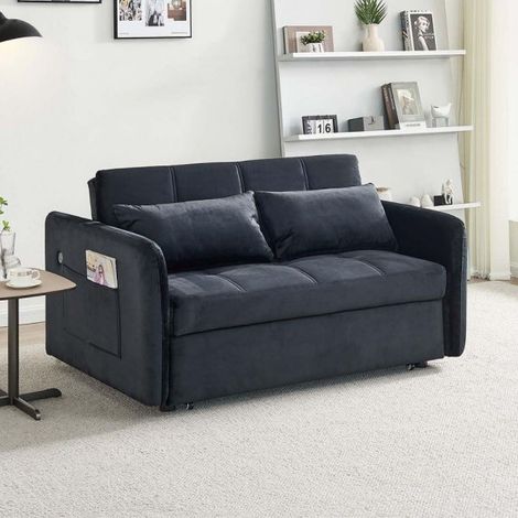 Divano letto Clorene in velluto nero con porta USB e tasca laterale 140,5x94,5x82H