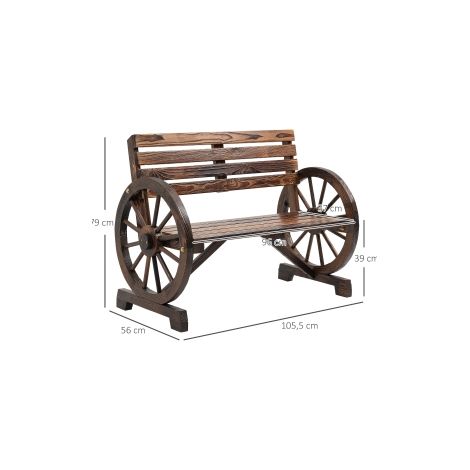 Banc de jardin marron 2 places en bois de sapin avec accoudoirs façon roue de chariot pour jardin terrasse et patio (1/5)