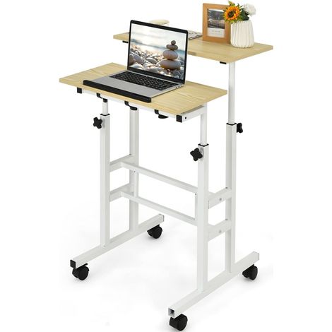 GOPLUS Bureau d'Ordinateur Assis-Debout Reglable en Hauteur 2 en 1, Poste de Travail a roulettes Verrouillables Portable Reglable 60x60x72-123cm (Naturel) (1/5)