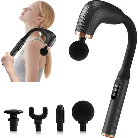 Massage Gun - 4000 Tr/Min - Poignée Allongée 120° - 4 Têtes - 6 Vitesses - 3 Modes - Écran LCD - Batterie 2000 mAh - Pour Dos Épaules Cou Jambes (1/5)