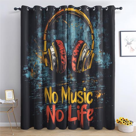 Rideau Occultant Musique - Décoration Musique, Rideau Thermique Motif Casque Rock Graffiti Rétro, Lot de 2 Rideaux Opaque à Oeillets pour Fenetre Chambre Salon, 140x160 cm (LxH) Q459 - 2x L 140 X H 16 (1/5)