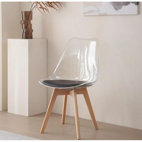 ORION91oficial® - Silla DRACO Color Transparente Asiento NegroPiel Sintética y Patas Haya (81x48x54 cm) Estilo Escandinavo, Comedor, Hostelería, Oficina, Salón, Teletrabajo, Cocina - spaziOrion91 - U (1/4)
