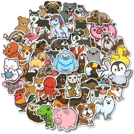 Lot de 50 autocollants animaux - Dessins animés - Pour mur, ordinateur portable et téléphone - Stickers de décoration (1/5)