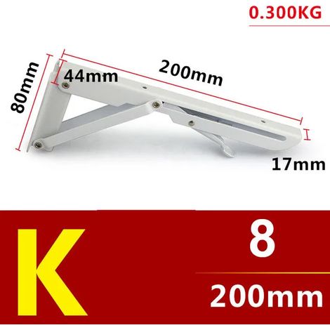 (K-8x2-Blanc-FR) Lot de 2 équerres triangulaires pliables blanches, réglables, à roulement à billes, pour étagères, tables et bancs. Support mural robuste et durable. (1/5)