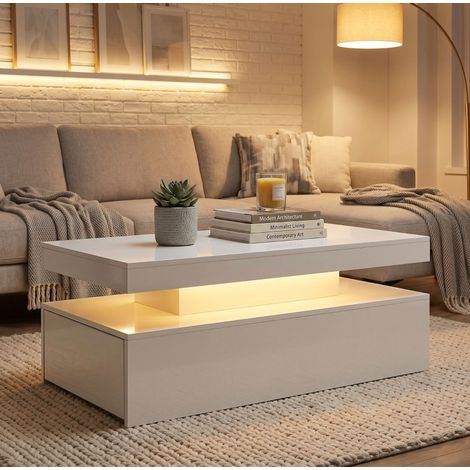 LED-Couchtisch 100 x 50 x 40 cm aus weißem Holz mit Stauraum, fürs Wohnzimmer – MEUBLIV (1/5)