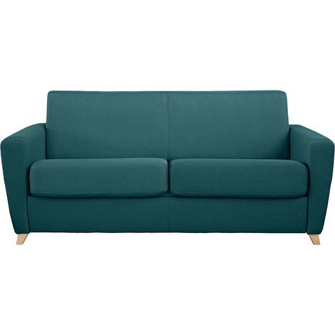 Canapé convertible 3 places en tissu bleu canard et bois clair avec matelas L140 cm 13 cm GRAHAM (1/5)