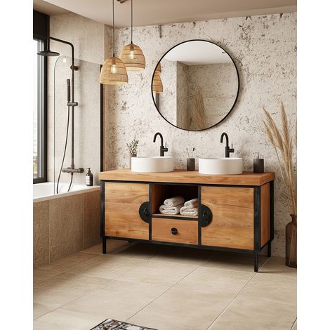 Samuraï - Meuble salle de bain industriel en teck et métal 160 cm (1/4)