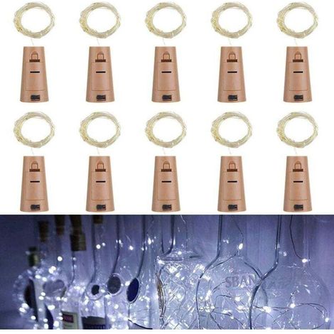 Confezione da 10 luci a stringa a LED con tappi di sughero, 2 m, 20 luci a LED, filo argentato per decorazioni fai da te per feste, barbecue, giardini, camere da letto, Natale, Halloween (bianche). (1/4)