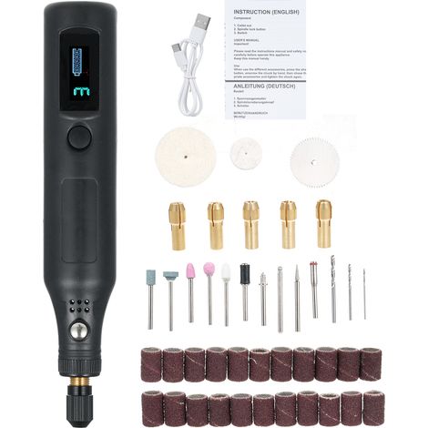 Mini outil rotatif sans fil avec écran numérique, kit de meulage à 3 vitesses et 43 accessoires, chargement USB-C. Outil idéal pour les loisirs créatifs, le meulage, la découpe, la gravure, le perçage (1/5)