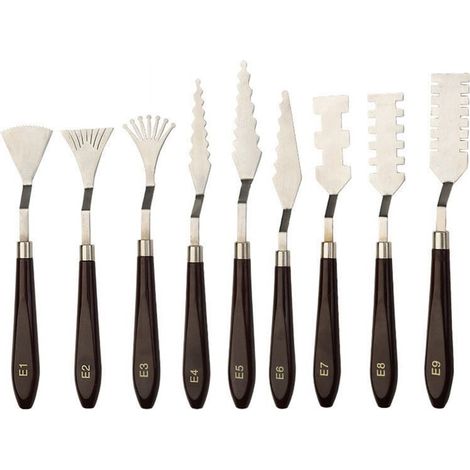 Palette Scraper - 9-Piece Stainless Steel Blade with Wooden Handle - For Painting Mixing Scraping Texturing - Art Studio Ceramic Wall Decoration - Set of 9 (1/5)