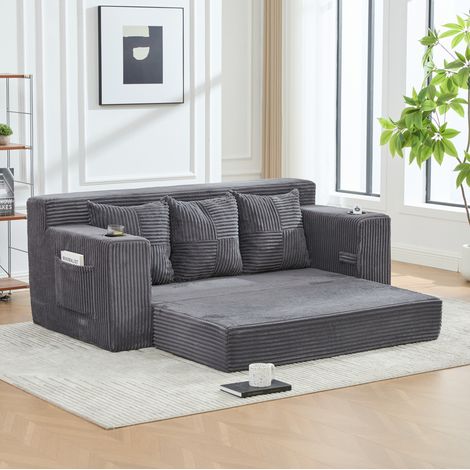 Divano modulare 172x87x64 cm in velluto a coste grigio con portabicchieri – MEUBLIV (1/5)