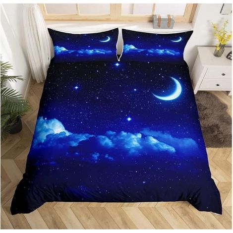 Blue Galaxy Sets de Housse de Couette Parure de Lit sur Le Thème de l'espace 220x240cm Ciel Étoilé Lune Housse de Couette - C3H (1/4)