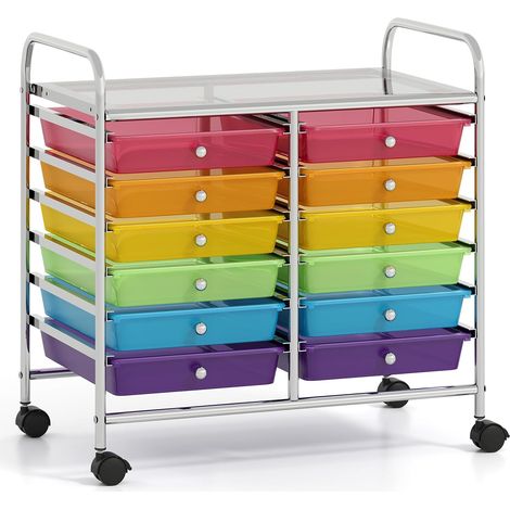 Chariot de Rangement à roulettes 12 Tiroirs en PP, Tour de Rangement avec Tablette, Roues Universelles, Cadre en Métal (Multicolore Clair) (1/5)