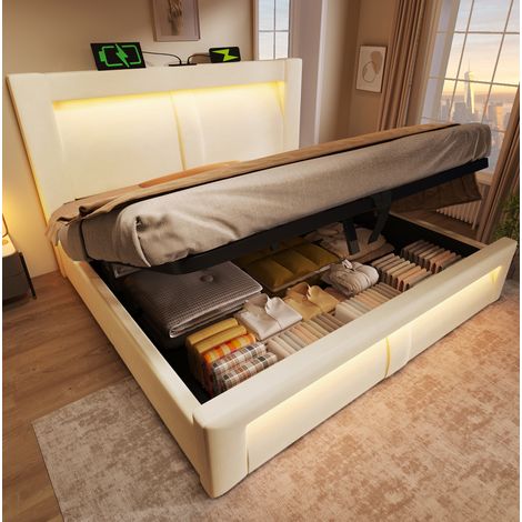 Lit coffre en velours beige 180x200 cm avec LED, ports USB et Type-C, sommier à lattes inclus (1/5)