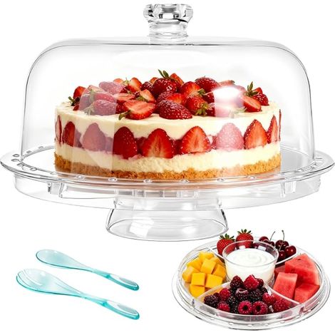 Présentoir à Gâteau avec Cloche Acrylique, Support Réversible, Plateau Rond Multifonction, Idéal pour Anniversaires, Fêtes et Quotidien