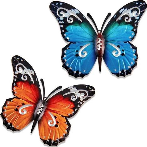Décoration Murale - Art Mural en Métal - Papillon - 2 Pcs - 27 x 22 cm - Bleu et Jaune (1/4)