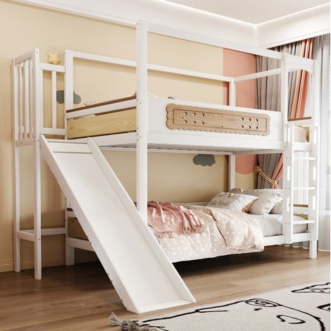 Litera infantil 90x200 cm blanca y madera, estructura de madera con tobogán (1/5)
