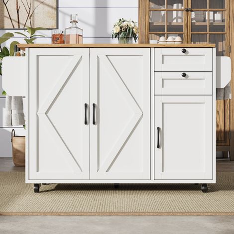 Îlot central / Meuble de rangement / Buffet de style moderne, Desserte à roulettes finition imitation bois, Table à manger multifonction avec espace de rangement, Comprend une étagère de service — Bla