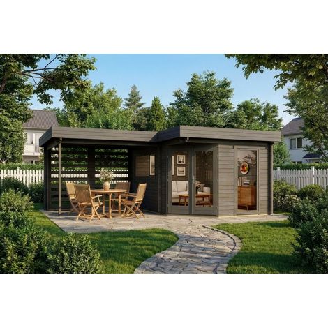 Poolhouse - Abri de jardin pentagonal Pepe Optima Gris Imprégné, 34 mm Épaisseur paroi 618 x 462 cm (1/5)