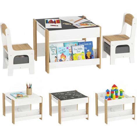 Ensemble 3 pièces table et 2 chaises pour enfant avec plateau réversible tableau noir, panier de rangement, étagères (1/5)